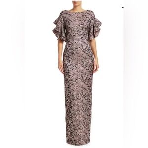 THEIA DUSTY ROSE BROCADE
RUFFLE GOWN. Size 10
